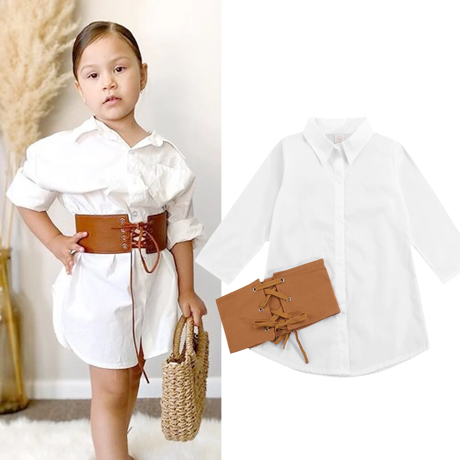 FOCUSNORM 2pcs Fashion Toddler Girls Dress Outfits 1-6Y Solid Long Sleeve Single Breasted A-Line Shirt Dress+Bandage Vest | Детская