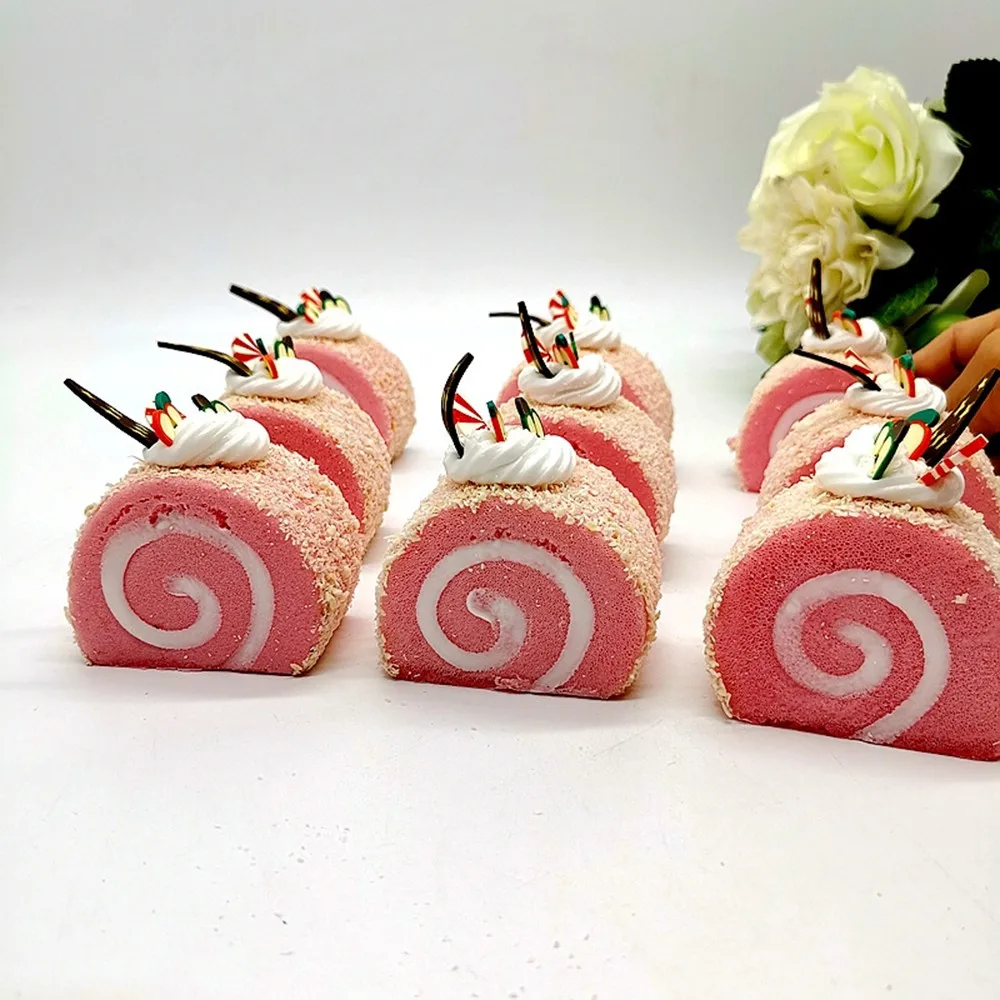 

PU Simulation Cream Swiss Roll Dessert Fruit Cake Artificial Lifelike Fake Miniature Food Kitchen Decor Party Photography Props