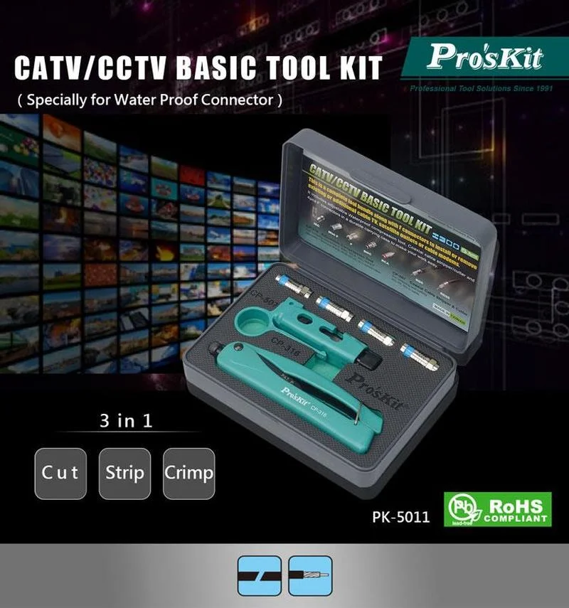 

Proskit PK-50 cable stripper CATV/CCTV inspection and repair basic tool set installation, cutting, stripping and crimping