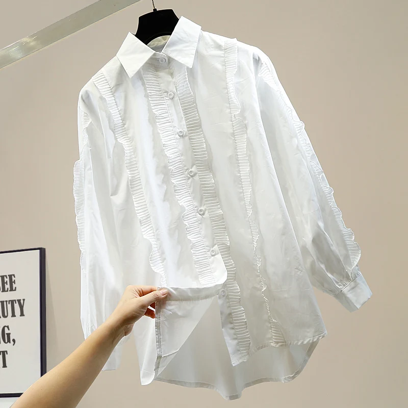 

Women's Shirt 2020 Autumn New Fold Ruffles Splicing Single-Breasted Loose Shirt Female Fashion Design Top Office Lady Blouses