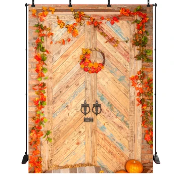 

Thanksgiving Day Photography Backdrop for Party Retro Wooden Barn Door Pumkin Background for Photo Booth Studio photobooth