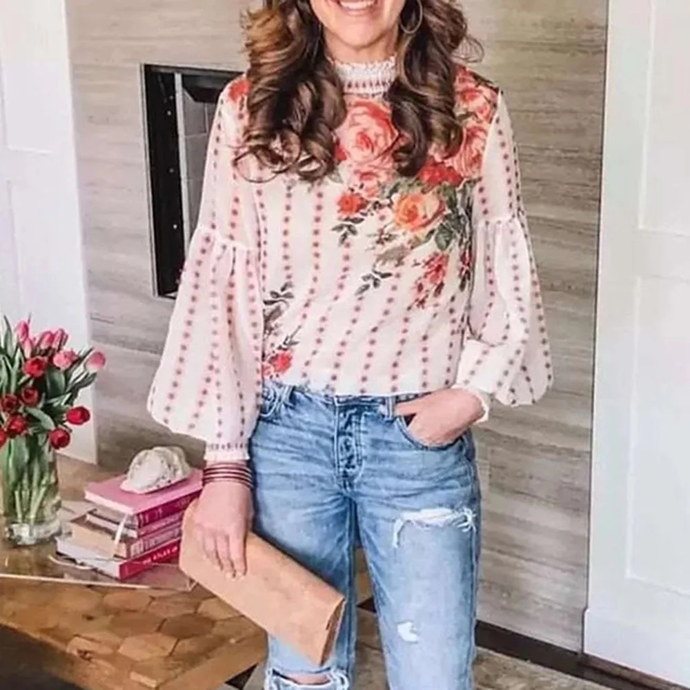 Spring 2020 Loose Bohemian Floral Female Blouse Printed Lantern Sleeve Small Turtleneck Long Sleeve Shirt Sunscreen Women Top - 4.00059E+12