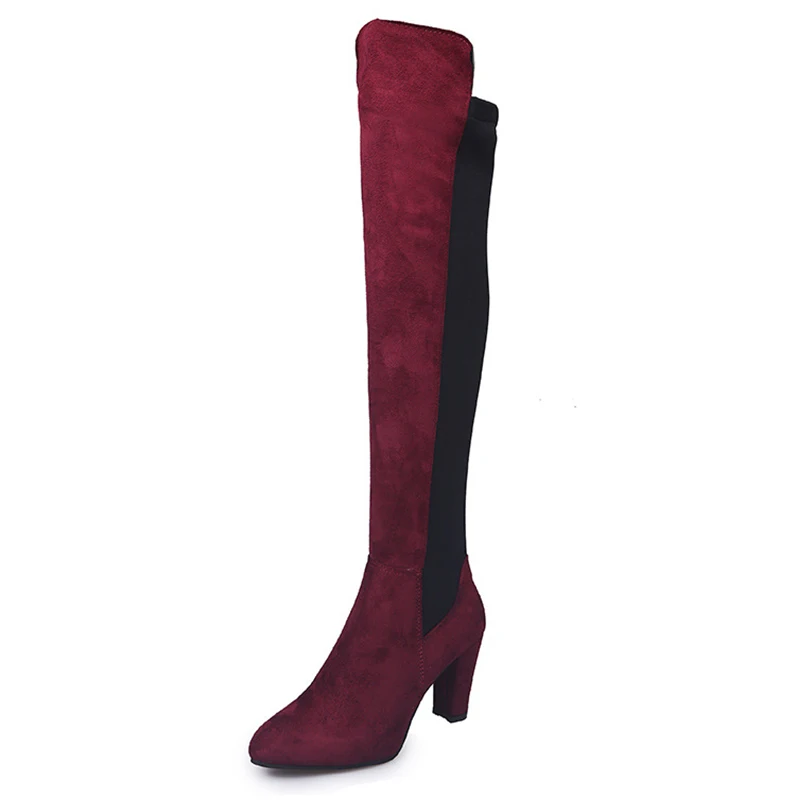 wine red MCCKLE Женские Сапоги выше колена на высоком каблуке; женская повседневная обувь из эластичной замши без застежки; модные женские сапоги с острым носком; размера плюс - Цвет: wine red