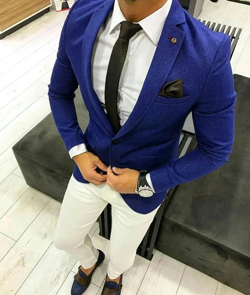 white pants white shirt blue blazer