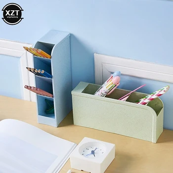 

Multi-function 4 Grid Desktop Pen Holder Office School Storage Case Clear Wheat Straw Plastic Box Desk Pen Pencil Organizer
