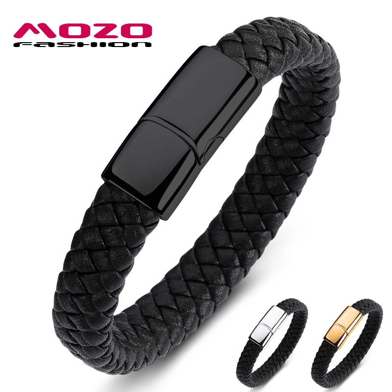 

MOZO FASHION Classic Simple Men Bracelet Black Leather Chain Bracelet Stainless Steel Bracelet High Quality Man Jewelry 109