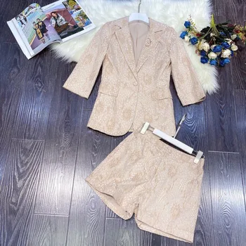 

2020 New Fashion Autumn Suit Women Elegant Office Two Piece Outfits Turn Down Collar Lace Blazer and Shorts 2 Piece Sets