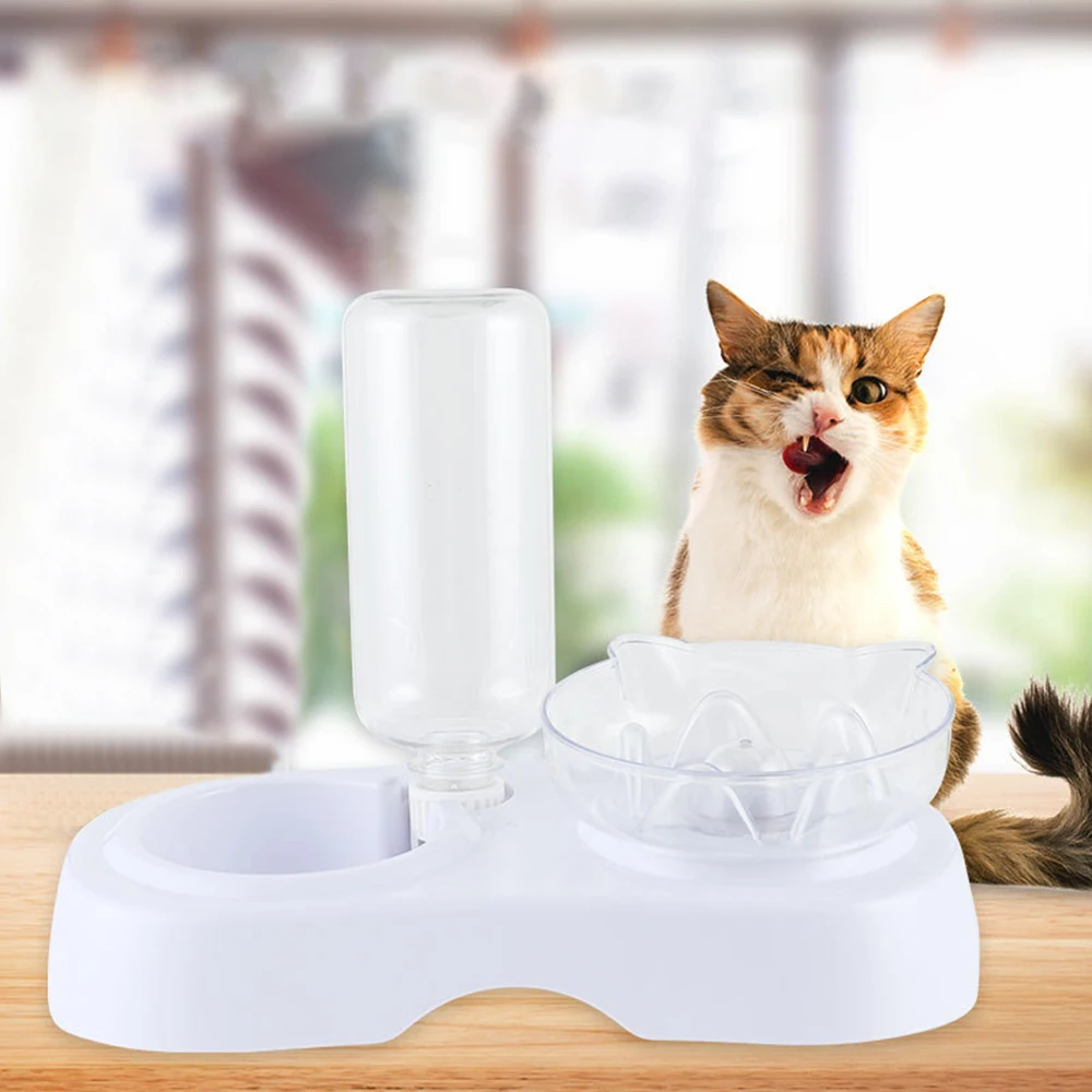 Dog Pet Bowl Feeder Double Bowl Cat Ears Bowl Cute Transparent Plastic Water Bottle Cat Bowl Cat Dog Food Bowl Feeder Water Bowl