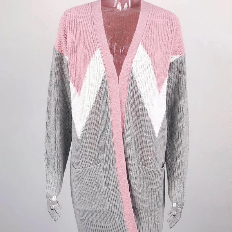 

Women Long Sleeve Knit Loose Cardigan Geometric Color Block V Striped Sweater