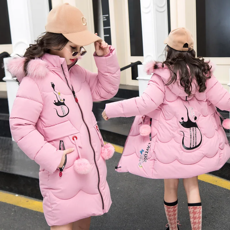 

2018 New Style Winter Fashion Cartoon Winter Clothes Girls Mid-length Warm Overcoat down Cotton fu da Fur Collar Cotton-padded C