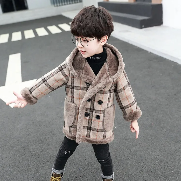 Korean Boy Winter Coat England Grid Hooded Children's Outerwear Kids Wool Coats 10 Years Old Jacket For Boy Thick Kids Cardigan