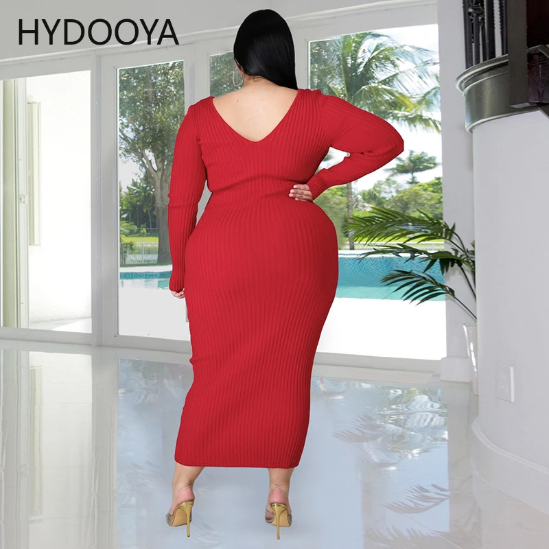 Plus Size Ribbed Knitted Dresses Women Clothing Solid Deep V Neck Long Sleeve Backless Mid Calf Dress Hot Dropshipping Wholesale