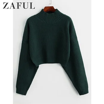 

ZAFUL Drop Shoulder High Neck Plain Sweater Short Length Elastic Solid Color Sweater Autumn Winter Warm Women Daily Pullover2019