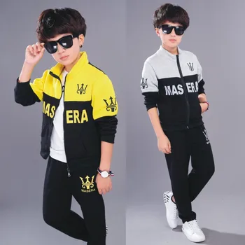 

New Boys Long Sleeve+pant Autumn Sports Suit for Kids Sets In Children's Letter Two Piece Suits 4-10 Ages Yellow Grey Color