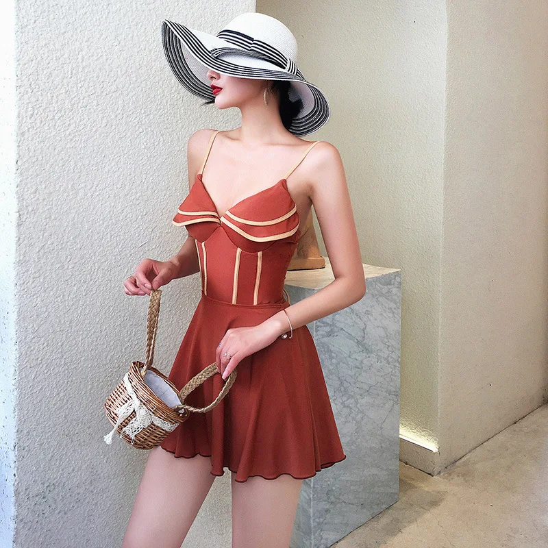 

2021 New Korean Style Women's Swimwear Sexy One-piece Swimsuit Skirt Sleeves Bikini Summer Bathing Suit Monokini Beachwear