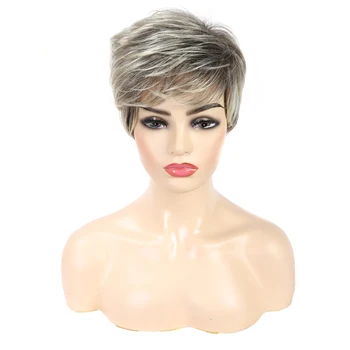 

Short Blonde Wig Ombre Brown Straight Synthetic Wigs Full Wigs with Bangs Hair Style for Men or Women Cosplay Wig BY111