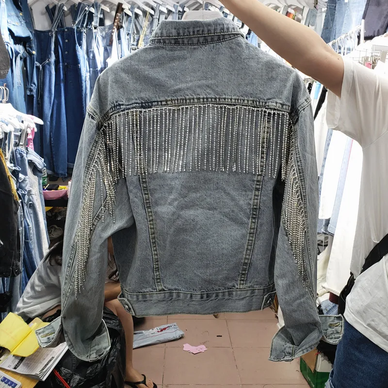 

European Autumn New Female Joker Heavy Diamond Chain Tassel Washed Blue Denim Coat Short Cowboy Jacket Student Jeans Coat
