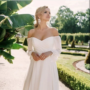 

Wedding Dress Chiffon Off Shoulder Long Sleeve Floor Length Simple Beach Bridal Gown Low Back Cheap Women Brides Elegant