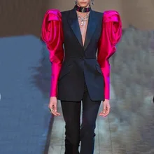 Высокое качество Европейская Женская модная куртка Осенняя розовая красная пышная с длинным рукавом тонкая черная куртка OL Рабочая одежда BKZ-12