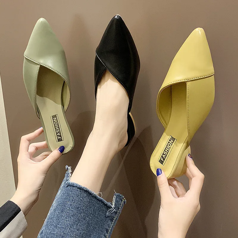 

Pointed Toe Shoes Women Square heel Slippers Platform Slides Med Fashion Soft Block Flat Cover Luxury 2019 Hoof Heels