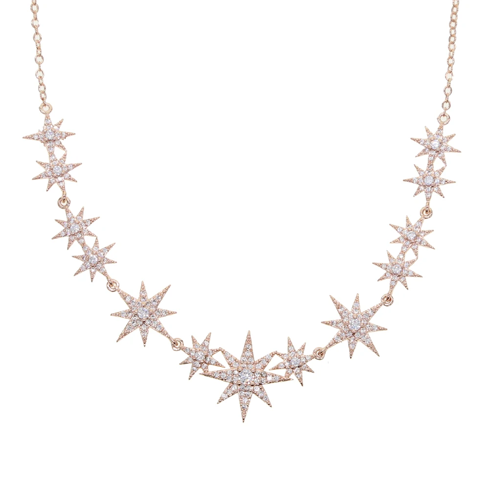 CZ starburst charm choker necklace with silver finish
