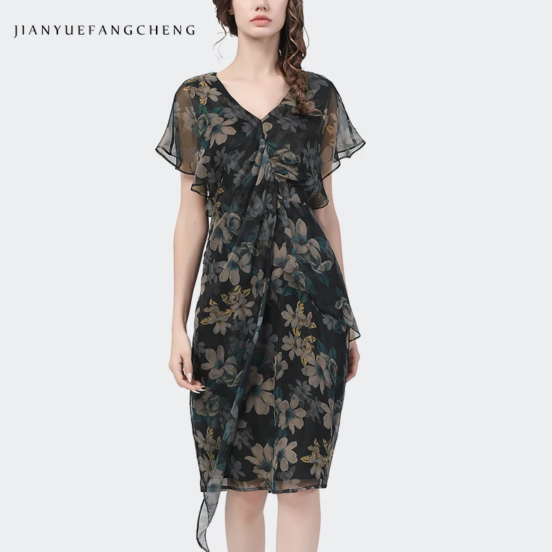 

Шифоновое платье с цветочным принтом для женщин Летнее облегающее Платье До Колена Длина элегантное облегающее платье с V-образным вырезом и короткими рукавами, женские повседневные платья