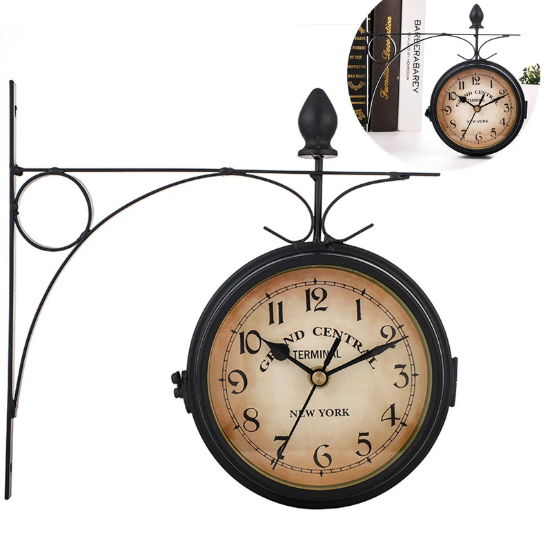 Wrought Iron Antique-Look Round Wall Hanging Double Sided Faces Retro Station Clock Chandelier Wall Hanging Clock silent clock