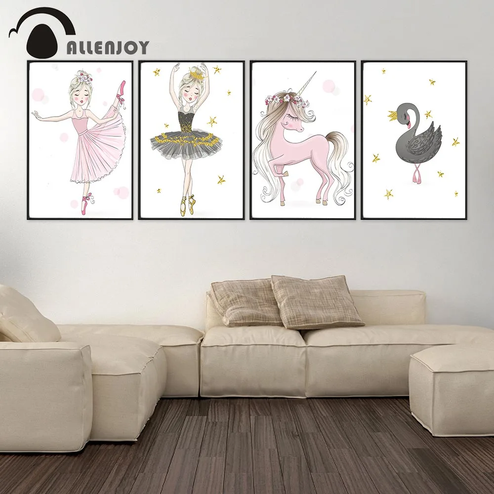

Allenjoy Ballet Princess Paintings Unicorn Glitter Stars Swans Dancing Girls Posters Cartoon Kid Animals Print Canvas Pictures