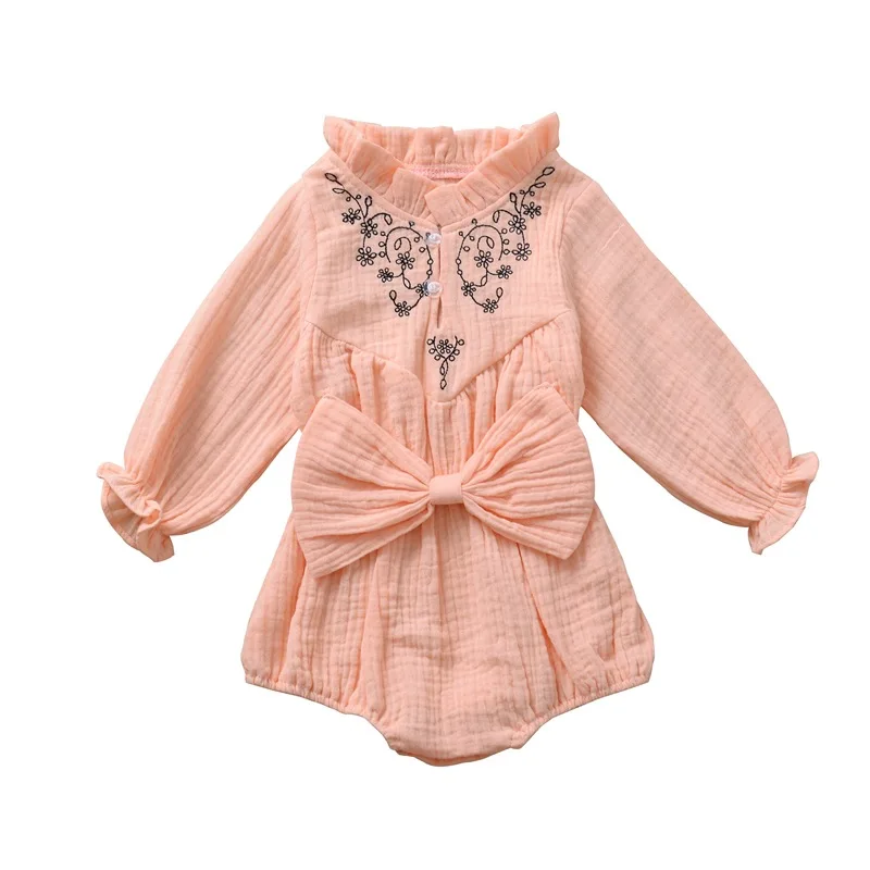 Chifuna/новая осенняя одежда для новорожденных девочек с цветочной вышивкой и бантом, детская зимняя одежда, Одежда для новорожденных, осенняя одежда для новорожденных девочек - Цвет: Розовый
