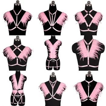 

Pink Feather Lingerie Set Harness Bra Belt Women Crop Top Sexy Body Bondage Pastel Goth Plus Size Pole Dance Party Epaulets