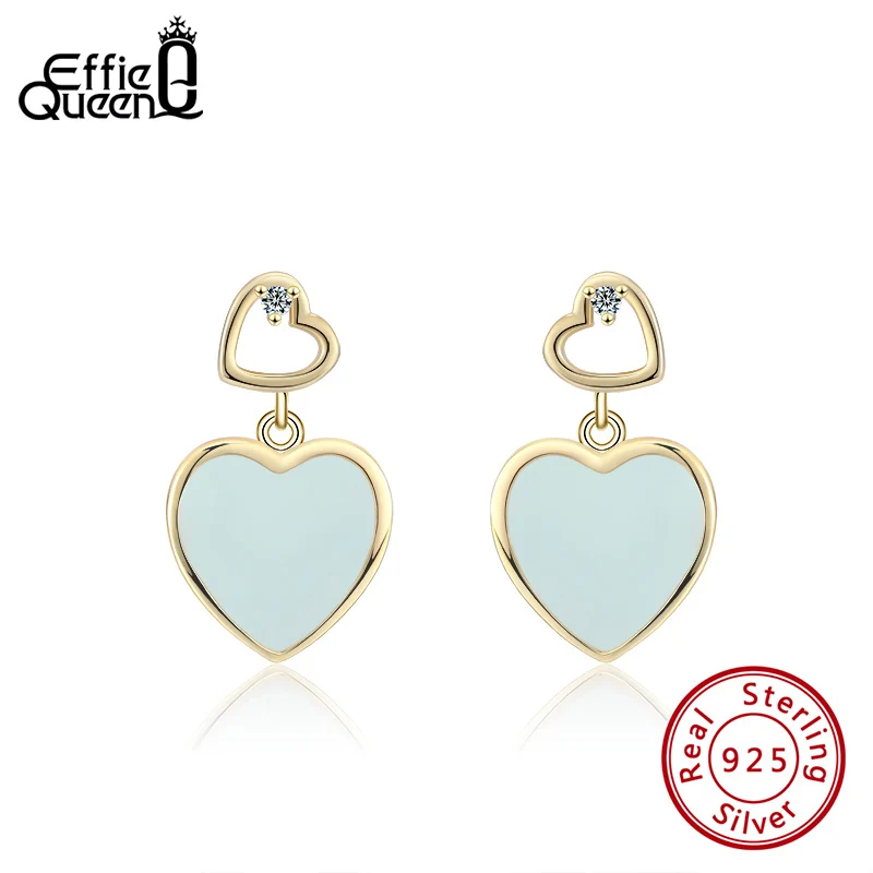 

Effie Queen Pure 925 Sterling Silver Bule Enamel Heart Earrings for Women with Crystal Zircon Drop Earrings Silver Jewelry EQE13