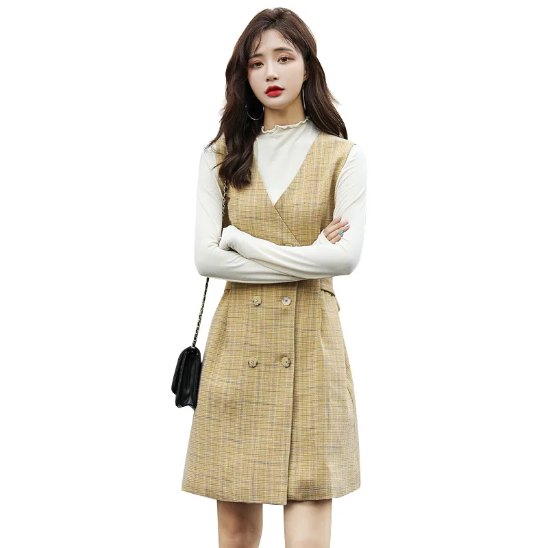 

Vest Skirt Two-Piece Set Women's 2019 Autumn & Winter New Style Slim Fit Mid-length Graceful Retro Plaid Dress