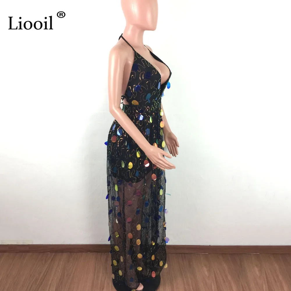 Liooil, черное, белое, с блестками, сексуальное, Бандажное, из прозрачной сетки, длинное платье макси,, без рукавов, с открытой спиной, просвечивают, Платья для вечеринок в ночном клубе