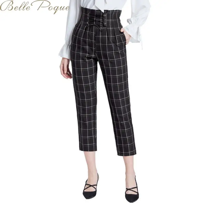 

Belle Poque Japanese Harajuku Casual Pants Women 2019 Fashion Pencil Pants High Waist Ankle Length office Plaid Pants women