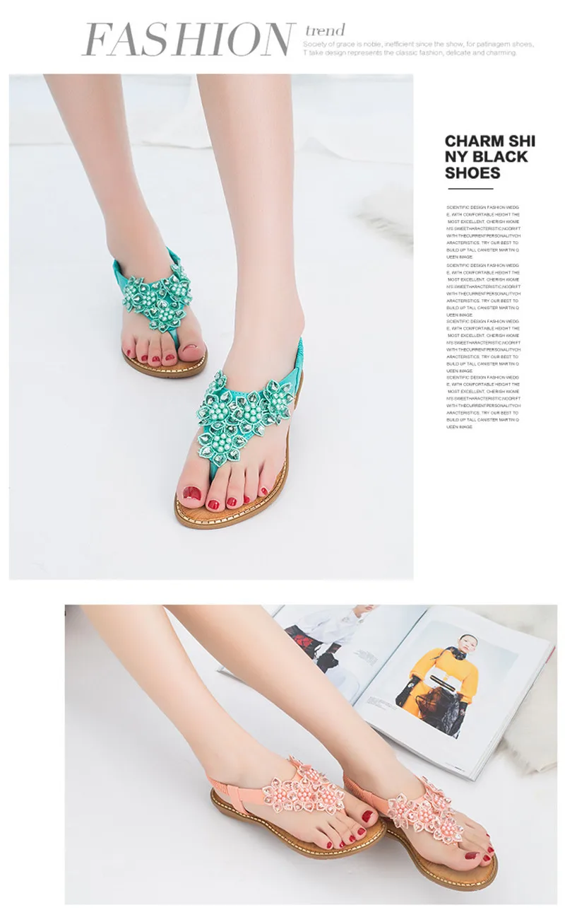 YAERNI Women Sandals New Fashion Bead Flower Round Toe Flip-flop Sandals Female Trend Summer Shoes Woman Plus Size 36-42