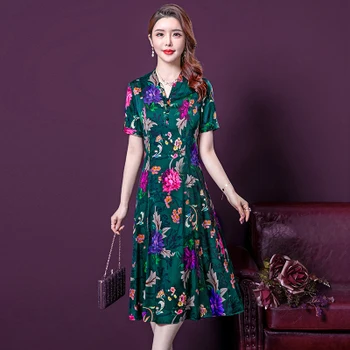

2020 Summer Fashion Slim Big Swing Print Dress Middle Aged Women Red Green Print Flower Formal Women Dresses Plus Size 5xl