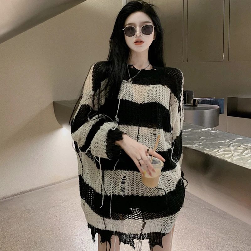 

Autumn Women Hollow Out Broken Tassel Knit Sweaters Gothic Lady Loose Thin Striped Pullover Sweater Goth Korean Fashion Clothes