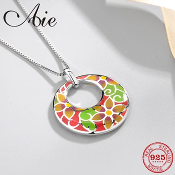 

2018 New round shape 925 Sterling Silver beautiful flower pattern colourful Enamel fine Necklace Pendant Party Jewelry