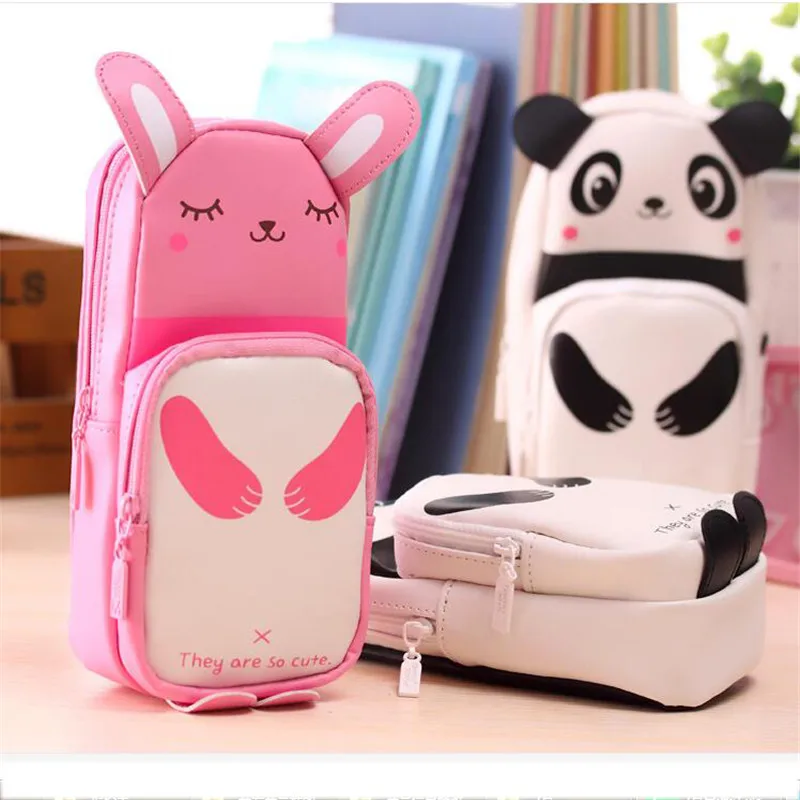 Косметичка для девочек Kawaii, панда, кролик, на молнии, сумка-карандаш из искусственной кожи, водонепроницаемые кисти для макияжа, сумка, Детская портативная косметичка