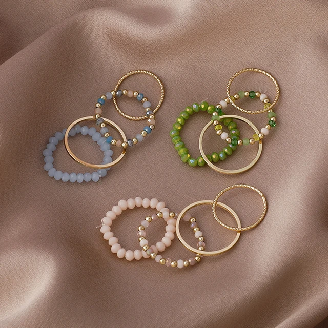 4PCS Women's Ring Summer Crystal Beaded Vintage Rings Set New Korean Women Jewelry Temperament Accessories Sweet Aesthetic Gift 1