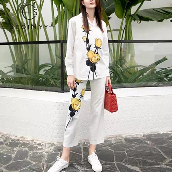 

SEQINYY White Set 2020 Summer Spring New Fashion Design Women Long Sleeve Shirt + Midi Pants Yellow Flowers Print Casual Suit