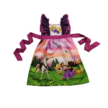 

Woven belt summer dress cartoon patter design with princess girls dresses