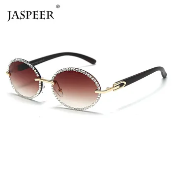 

JASPEER Diamond Rimless Sunglasses Men Women Luxury Crystal Oval Sun Glasses Vintage UV400 Driving Shades Sunglass Clear Lens