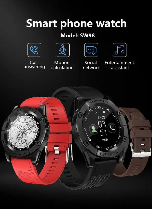 

SW98 Smart Watch Men Support SIM Card Pedometer Camera Bluetooth Smartwatch for Android Phone