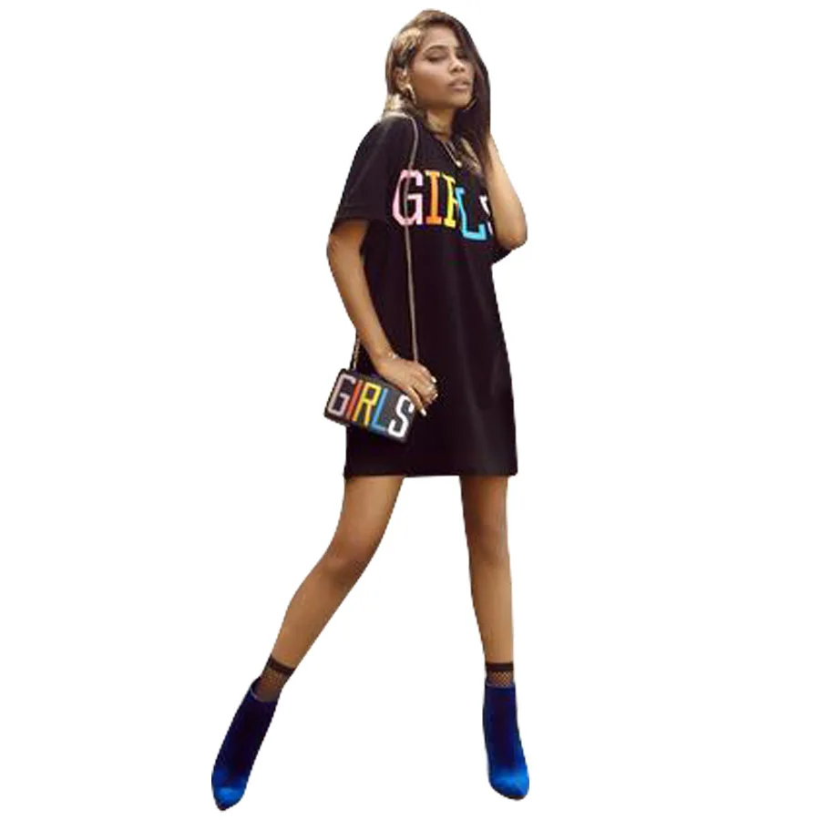 

Solid Color Letter Girls Print Short Sleeves Summer Women Dress European and American Hot Style Model Casual Fashion