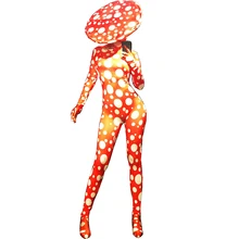 

White Circle Printing Red Long Sleeve Jumpsuit Sets Ladies Nightclub Performance Dance Costume Theatrical Costume For Women