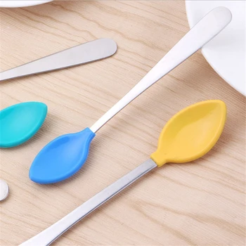 

2 Pcs/Set Kids Child Soft Silicone+Stainless Steel Spoon Tableware Baby Spoon Feeding Dinnerware Best Gifts For Kids Flatware