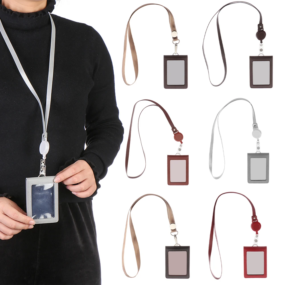 

1Pc Retractable Lanyards ID Badge Holder Leather Bus Pass Case Cover Bank Credit Card Holder