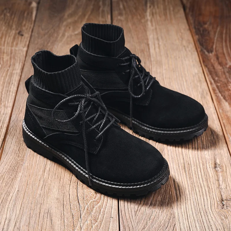 HAN WILD Quality Men's Boots Winter Autumn Sock Martin Boots Black Warm Fur Waterproof Ankle Boots Outdoor Working Snow Footwear