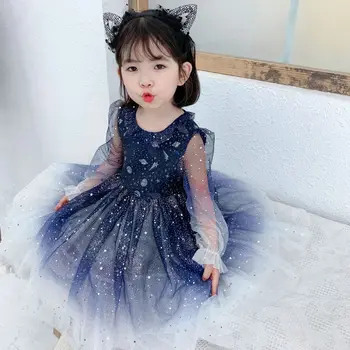 

Sparkle Stars Girls Tutu Dress Full Sleeve Navy Lantern Sleeve Dress Tiered Gauze Dress for Kids